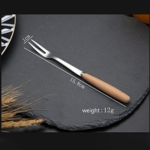 6 Pcs Wooden Handle Stainless Steel Two Prong Forks Fruit Cake Appetizer Forks