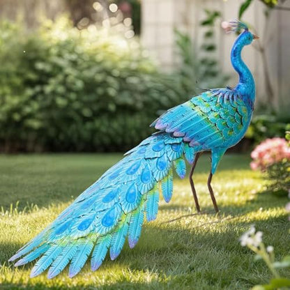 31" L Metal Peacock Garden Statue,Handcrafted Outdoor Yard Art - color: 31"l Iridescent Blue Peacock