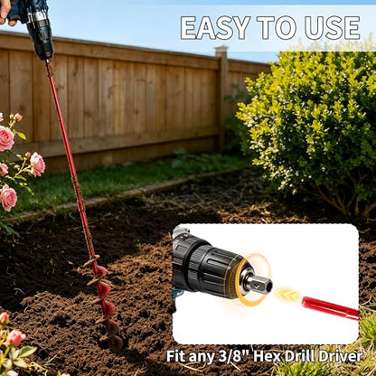 TCBWFY 2x32 Inch Auger Drill Bit for Planting - Long Handle Easy Planter Garden Auger - Bulb & Bedding Plant Augers - Post Hole Digger for 3/8”Hex Drive - size: 2"x32"-Red