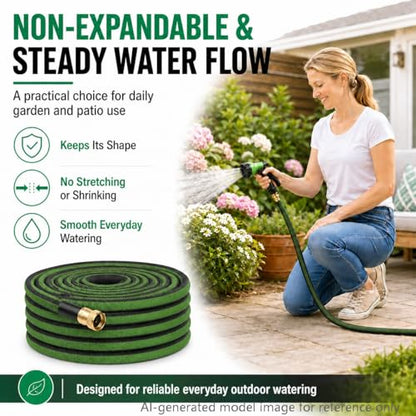 100FT Non-Expandable Flat Garden Hose with 10 Function Nozzle,No-Kink,Green - color: Green, size: 100FT