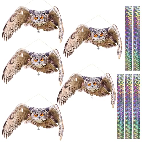 Fake Owl Hanging Outdoor Decoration, 5 Pack Flat Garden Owl with Reflective Tape and Bell to Scare Squirrel Pigeon Woodpecker from House Patio Yard Porch Window, Plastic Owl Scarer - color: 5pcs-brown