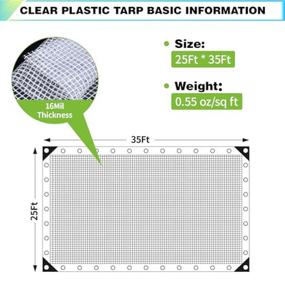25x35Ft Clear Greenhouse Plastic Covering Tarp for Chicken Coop(16mil) - size: 25x35FT