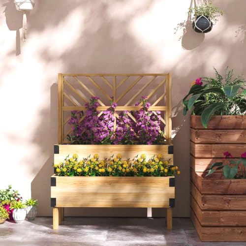 Outsunny 2-Tier Raised Garden Bed with Trellis 42.5"x25.5"x55", Natural - color: Natural, size: 42.5" L x 25.5" W x 55" H