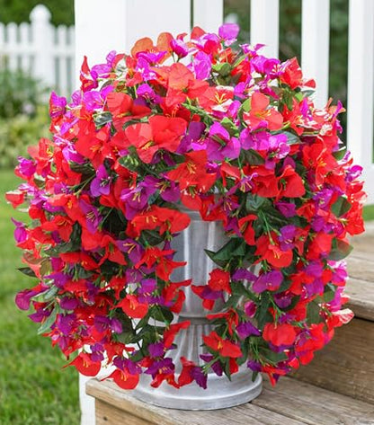 2 PCS Bougainvillea Artificial Hanging Flowers Plants for Outdoors, Mix - color: Purple + Red