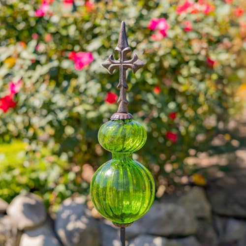Zaer Ltd. Colored Blown Glass Garden Stake with Cast Iron Finial on Top (Pack of 2) (Pastel Green) - color: Pastel Green (Pack of 2)
