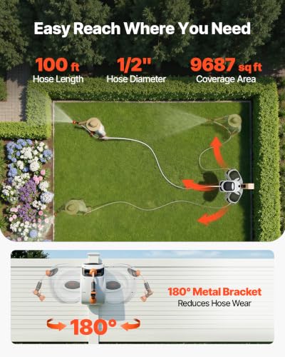 VEVOR Retractable Hose Reel, 100 ft x 1/2 inch, 180° Swivel Bracket Wall-Mounted, Garden Water Hose Reel with 9-Pattern Nozzle, Automatic Rewind, Lock at Any Length, and Slow Return System