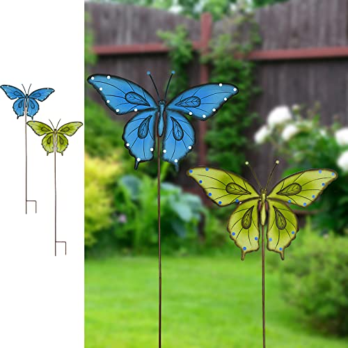 Metal Garden Stakes Spring Yard Sign Decorative Plant Stake Lawn Art Patio Decor Pathway Ornaments Indoor Outdoor Decoration (Blue+Green Butterfly) - color: Blue+green Butterfly