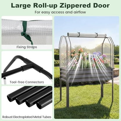 Giantex Raised Garden Bed with Legs & Greenhouse Cover, 44x20x60 Elevated Metal Planter Box with Roll-up Door, Outdoor Mini Greenhouse for Vegetable Flower Herb Patio Balcony (Gray,1) - color: Gray