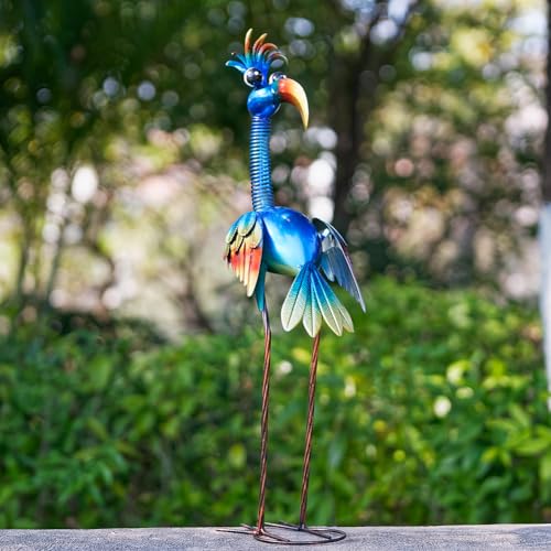 DREAMSOUL Metal Bird Garden Statues 30" Funny Patio Lawn Decor - color: Blue