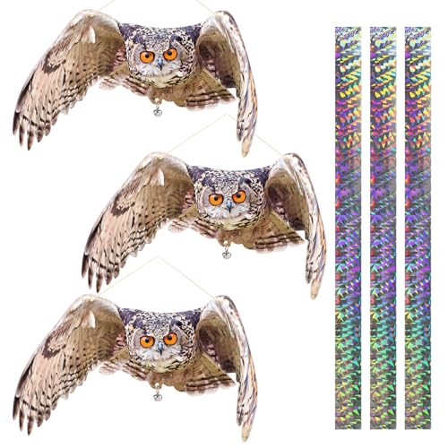 3-Pack Flat Garden Owl Hanging Outdoor Decoration with Reflective Tape and Bell to Scare Squirrel Pigeon Woodpecker from House Patio Yard Porch Window, Plastic Owl Scarer - color: 3pcs-brown