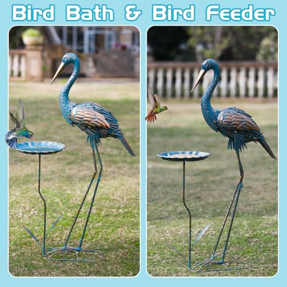 Metal Crane Garden Statue for Outside with Leaf Tray - color: Gold & Blue-crane