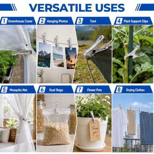 52 PCS Garden Clips - Stainless Steel Greenhouse Clamps,Strong Grip Heavy Duty Metal Clip, for Have a Strong Grip to Hold Down the Shade Cloth or Plant Cover on Garden Hoops