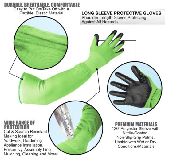 Long Sleeve Gardening Gloves Nitrile-Coated No Slip Grip Cut Proof - color: Green, size: Large