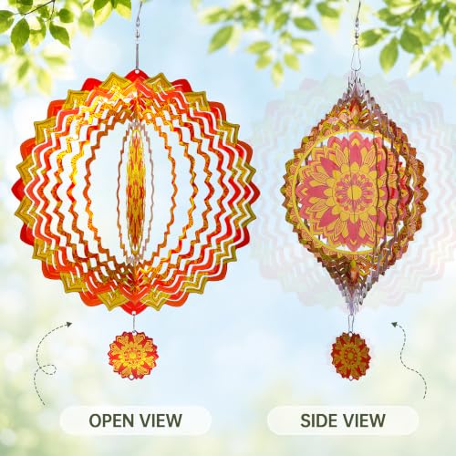 Mandala Wind Spinner 12 Inch, IDEA SHOW 3D Kinetic Metal Sun Wind Spinners for Yard and Garden, Stainless Steel Hanging Boho Outdoor Decor Art with Mini Pendant, Zen Gardening Gifts for Women - size: MandalaSunflower