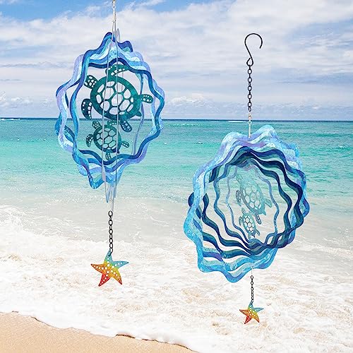 12 Inch Sea Turtle Hanging Wind Spinners, 3D Kinetic Metal Wind Spinner - color: Sea Turtle