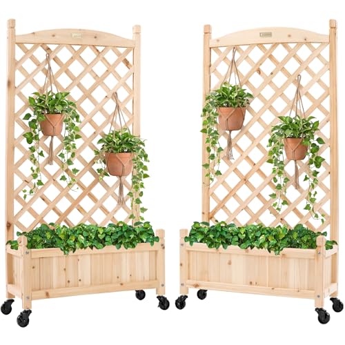Best Choice Products Set of 2 48in Wood Planter Box & Diamond Lattice Trellis, Mobile Outdoor Raised Garden Bed for Climbing Plants w/Drainage Holes, Optional Wheels - Natural - color: Natural, size: 48in (Set of 2)