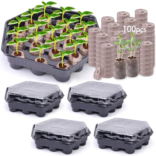 U0U 5 Pack Seed Starter Trays with 100pcs Peat Pellets,95-Cell Seed Starter Kit with Dome,Plant Starter Trays with 100pcs Seed Starter Soil,Reusable Greenhouse Plant Germination Tray (Black)