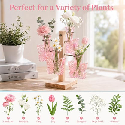 Nacome Plant Terrarium Propagation Stations: Pink Vase with Wooden Stand - color: Pink
