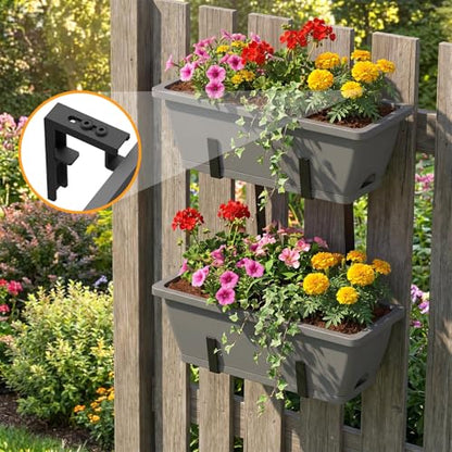 CADUKE 2 Tier Deck Railing Planter Boxes, Adjustable Hanging Railing Planter, Outdoor Railing Flower Boxes, Window Flower Boxes for Deck Railings, Gray - color: Gray