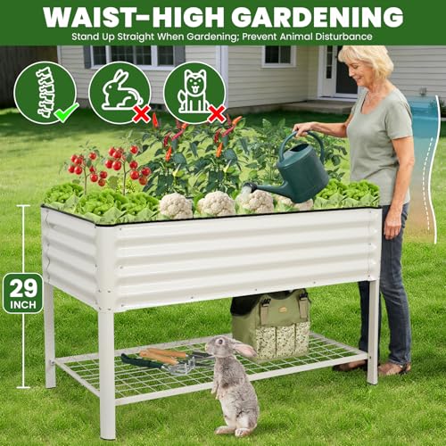 G GOOD GAIN Elevated Raised Garden Bed Kit with Leg, Rack, 2x4ft, White - size: 2' x 4', style: White with Legs & Storage Rack