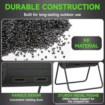 EasyUp Dual Chamber Tumbling Composter, 43 Gallon Outdoor Tumbling Composter, Rotating Design with Renovate Doors and Steel Frame(Black) - color: Black