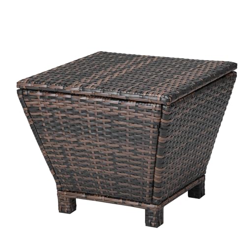 VINGLI 13 Gallon Outdoor Deck Box, Wicker Outdoor Storage Box with Lid, Small Storage Bin Container for Outside and Patio, Patio Rattan Side Table for Yard Porch (Brown, Trapezoidal) - color: Brown, size: Trapezoidal