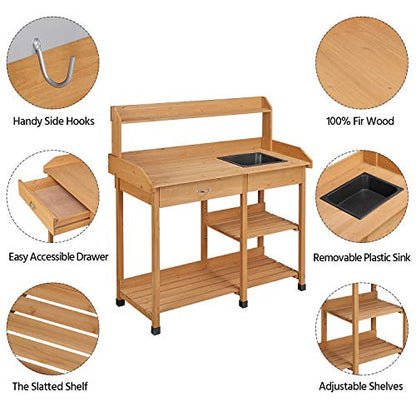 Yaheetech Potting Bench with Sink & Drawer, Outdoor Gardening Table, Wood - color: Wood