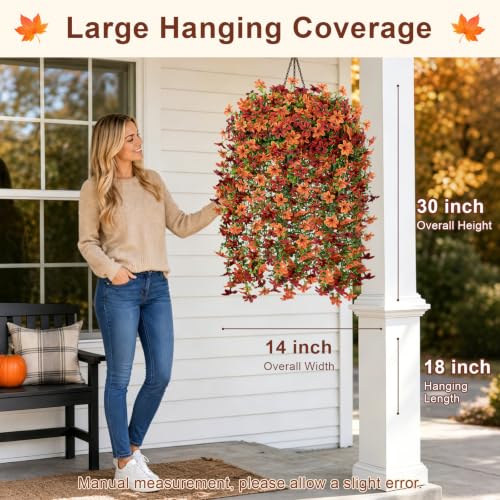 Artificial Hanging Flowers for Outdoors, 2 PCS 344-Bloom UV Resistant Mums - color: Orange Burgundy