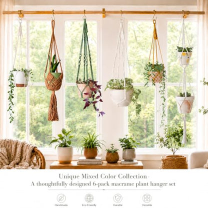 Bouqlife 6 Pack Macrame Plant Hangers Set with Hooks Indoor Hanging Planters with Patterns Handmade Cotton Rope Crochet Boho Plant Flower Pot Holders Fits Different Pot Sizes