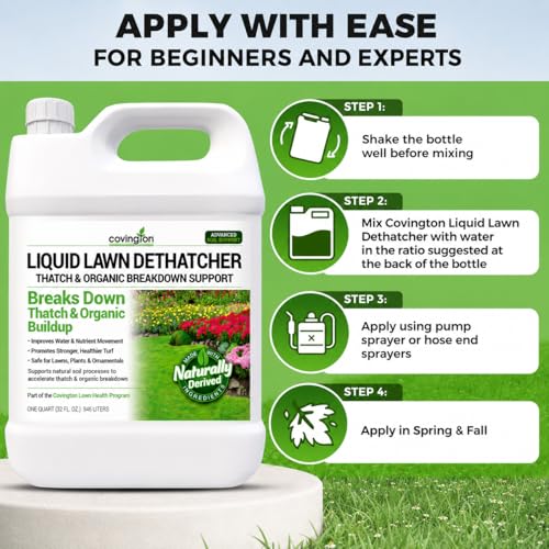 Covington Liquid Lawn Dethatcher (32oz) – Liquid Aerator Concentrate & Humic Thatch Remover, Soil Softener & Grass Thatch Buster for Lawns & Gardens – Kids & Pet Safe, Made in USA - size: Quart