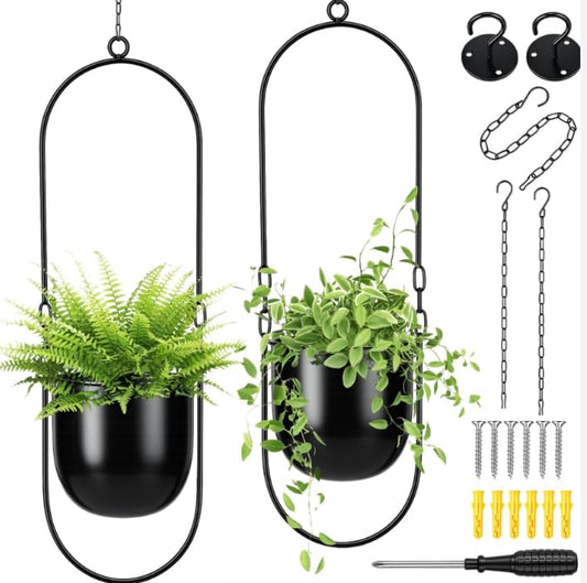 Bamworld Black Hanging Planters for Indoor Outdoor Plants Metal Hanging Pot - size: Oval - 5.5in - 2pcs