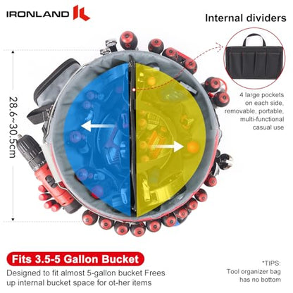 IRONLAND Bucket Tool Organizer Fit 3.5-5 Gallon Bucket, 64 Pockets, Bucket Tool Caddy Organization for Garden, Construction, Carpenter, Electrician, Builder red - size: Medium - 64 Pockets