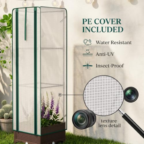 Outsunny Plastic Raised Garden Bed with Trellis 15.7" x 15.7" x 48.8" Brown - size: 15.7" x 15.7" x 48.8"