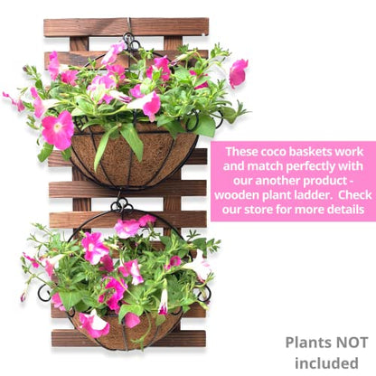 ShopLaLa Hanging Wall Planters (10 in, 4 Pack) Black Coco Liner Flower Pots - size: 10" (25cm) x 4 Pack