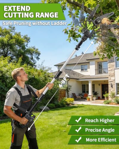 4-in-1 Cordless Pole Saw&Electric Pruning Shear, 8" 15Ft Reach, 2 Batteries - color: Green