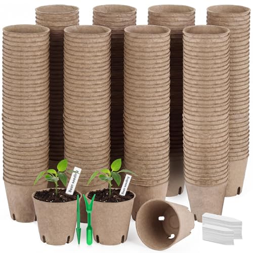 240 Pcs 3.15 Inches Plant Seedling Starters Kit Round Plant Starter Pots with Drainage Holes Garden Germination Nursery Transplant Pot with 240 Labels and 2 Transplant Tool