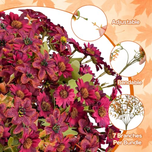 15PCS Artificial Fall Flowers for Outdoors, UV Resistant Fake Mums - color: Burgundy Daisies & Burgundy Violets