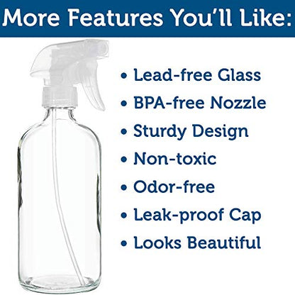 Large Clear Glass Spray Bottles, Empty, Refillable, Water, Fine Mist 16 oz