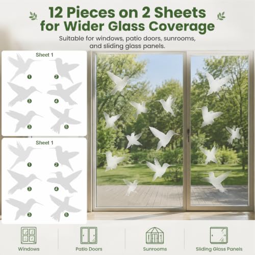 UV Reflective Window Bird Stickers, 12 Pcs Hummingbird Anti Collision Decals on 2 Sheets for Glass Doors and Windows - color: Reflective-12 Pcs