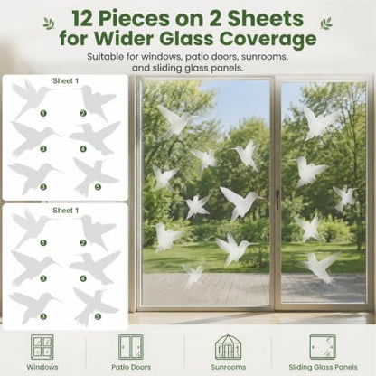 UV Reflective Window Bird Stickers, 12 Pcs Hummingbird Anti Collision Decals on 2 Sheets for Glass Doors and Windows - color: Reflective-12 Pcs