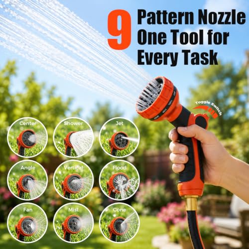 100FT Retractable Garden Hose Reel 5/8 Inch Heavy Duty Wall Mounted Retractable Hose Reel with 9-Pattern Nozzle, 180° Swivel Auto Rewind, Any Length Lock Water Hose Reel for Yard Garden Car Washing