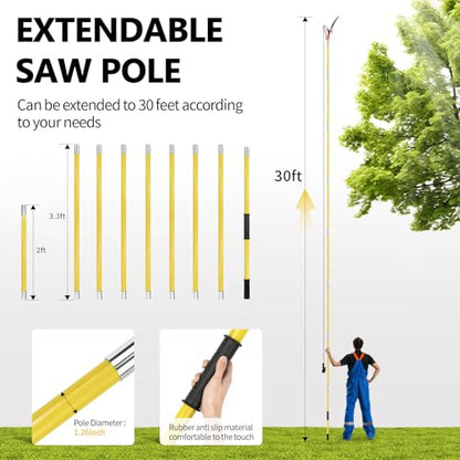 Manual Pole Saw, 30 ft Extendable Tree Pruner, Sharp Steel Blade and Scissors High Branches Trimming, Pole Saws for Tree Trimming, Tree Trimmers Long Handle Pruner