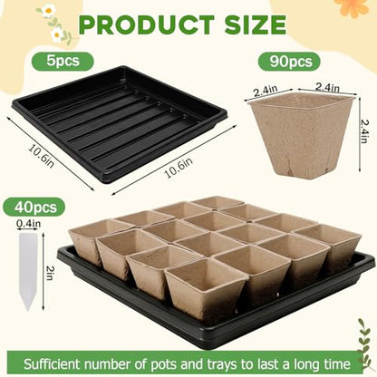 5PCS Seed Starter Tray with 90PCS Square Seed Peat Pots,Seed Starter Kit