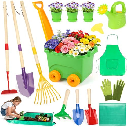 FHOZGECY Kids Gardening Set with Wheelbarrow and Metal Tools for Ages 3-8
