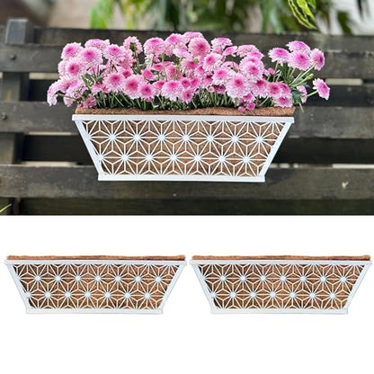 LaLaGreen Window Boxes Planter (2 Pack, 16 Inch) White Metal Rectangular Wall Planters with Coco Liner, Horse Trough Deck Railing for Outdoor Plants Holder, Modern Rail, Balcony, Fence, Porch Patio - size: 16" (41cm) x 2 pack