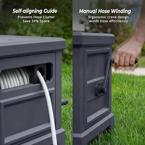 Garden Hose Reel Hideaway, Heavy Duty Metal Hose Reel Box Holds 125FT x 5/8" Hose, Steel Hose Storage Box with Manual Crank, Hose Guide and Leak-Proof Aluminum Connections, Stable 4-Leg Base - color: Dark Gray
