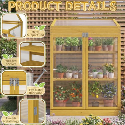 Wooden Cold Frame Greenhouse, Garden Portable Mini Solid Wood Greenhouse Cabinet with Transparent Flip-Top Roof, Raised Flower Plants Shelf Protection for Outdoor Indoor, Natural