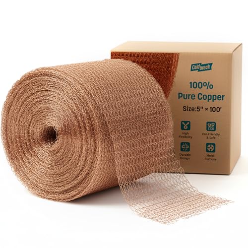 Coldbreak Copper Mesh Rodent Control – 5" x 100' Rustproof Copper Wool Roll for Wall Hole Filler, Rodent Control, Bat & Snail Blocker – Perfect for Hole Sealing, Gardening & Water Pipe Openings - size: 100'