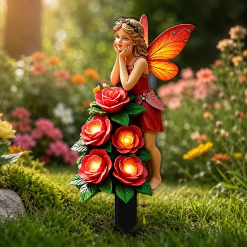 2D Flat Acrylic Fairy Rose Garden Stake, Weather Resistant Outdoor Yard Decor, Fairy with Glowing Rose Print Garden Ornament for Flower Pot, Patio, Lawn, Balcony, Garden Decoration Gift - color: Fairy Rose