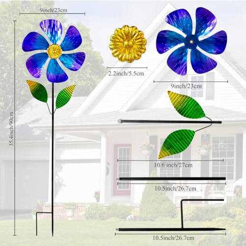 Viveta 2 Pack Garden Wind Spinners, Flower Metal Windmill - color: Blue and Pink
